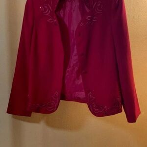 Elegant Women's Red Blazer with Floral Embroidery